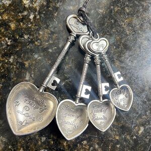 GANZ 4 Piece Silvertone Metal Measuring Spoon Set “Keys To Love” Cooking Kitchen